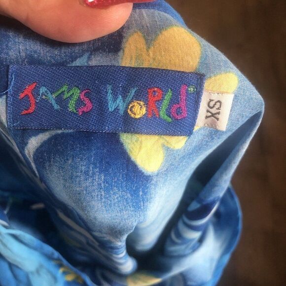 Vtg 90s JAMS WORLD Blue Floral Blutrellis Midi Dress XS Pockets Beach Resort - Picture 12 of 12